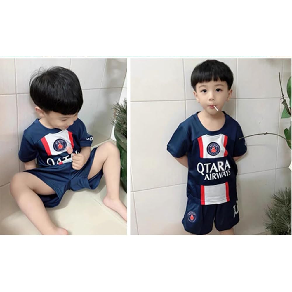 PSG 22-23 Soccer Uniform Kids Messi Neymar Mbappe Number 7 Number 10 Number 30 "Top and Bottom Set" Home Paris Saint-Germain Football Children's Practice Wear Junior Soccer T-Shirt Short Sleeve Sports Shirt (Number 10,20)
