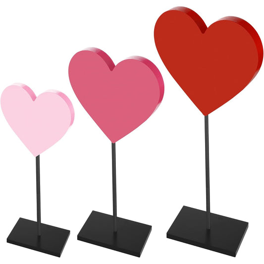3 Pieces Heart Wooden Sign with Stand Heart Shape Wooden Decor Freestanding Heart Decorations Valentine's Day Wooden Table Decor Decorative Signs Heart Tabletop Centerpieces for Home Parties (Mixed, Solid)