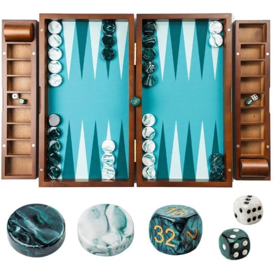Pointworks 20" Large Backgammon Set for Adults, Green Backgammon Board, Solid Wood, Removable Accessory Tray, Premium 1.5" Checkers & Dice Set, Backgammon Game Set, Backgammon Table