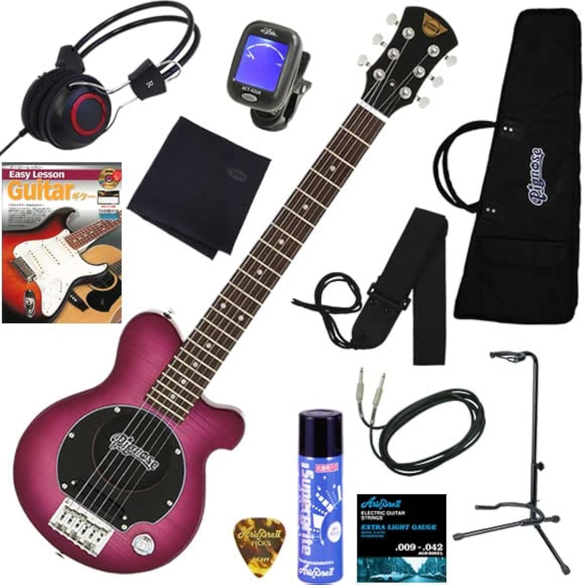 PIGNOSE electric guitar with built-in amplifier Beautiful flame maple top Comes with headphones so you can play without worrying about playing at night Complete 12-piece set PGG-200FM/SBL (see-through blue)