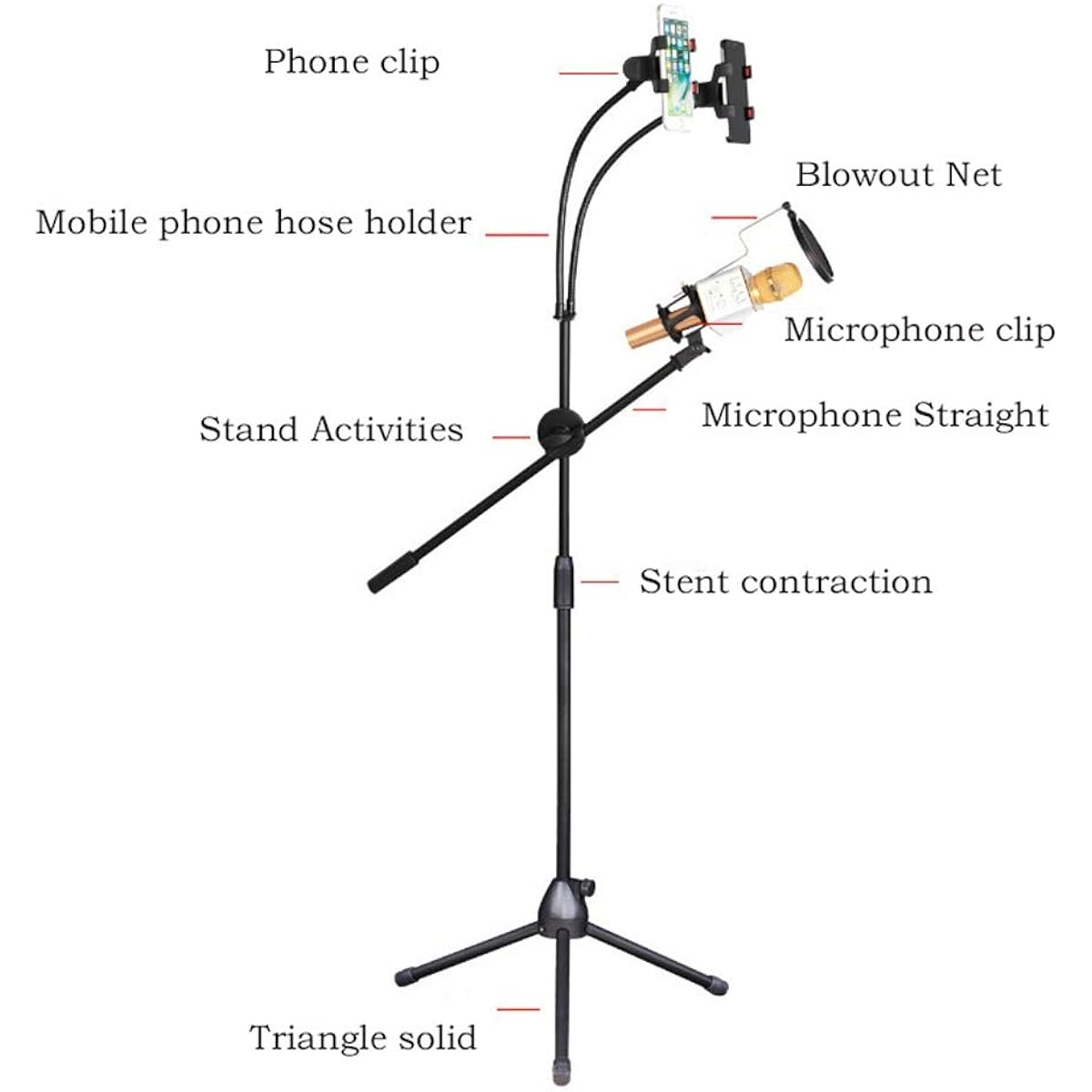 Desktop Microphone Stand Microphone Stand Landing Lift Microphone Live Stand Sing Dual Mobile Phone Conference Seminar Live Speech (Color: Black, Size: 75-140cm)