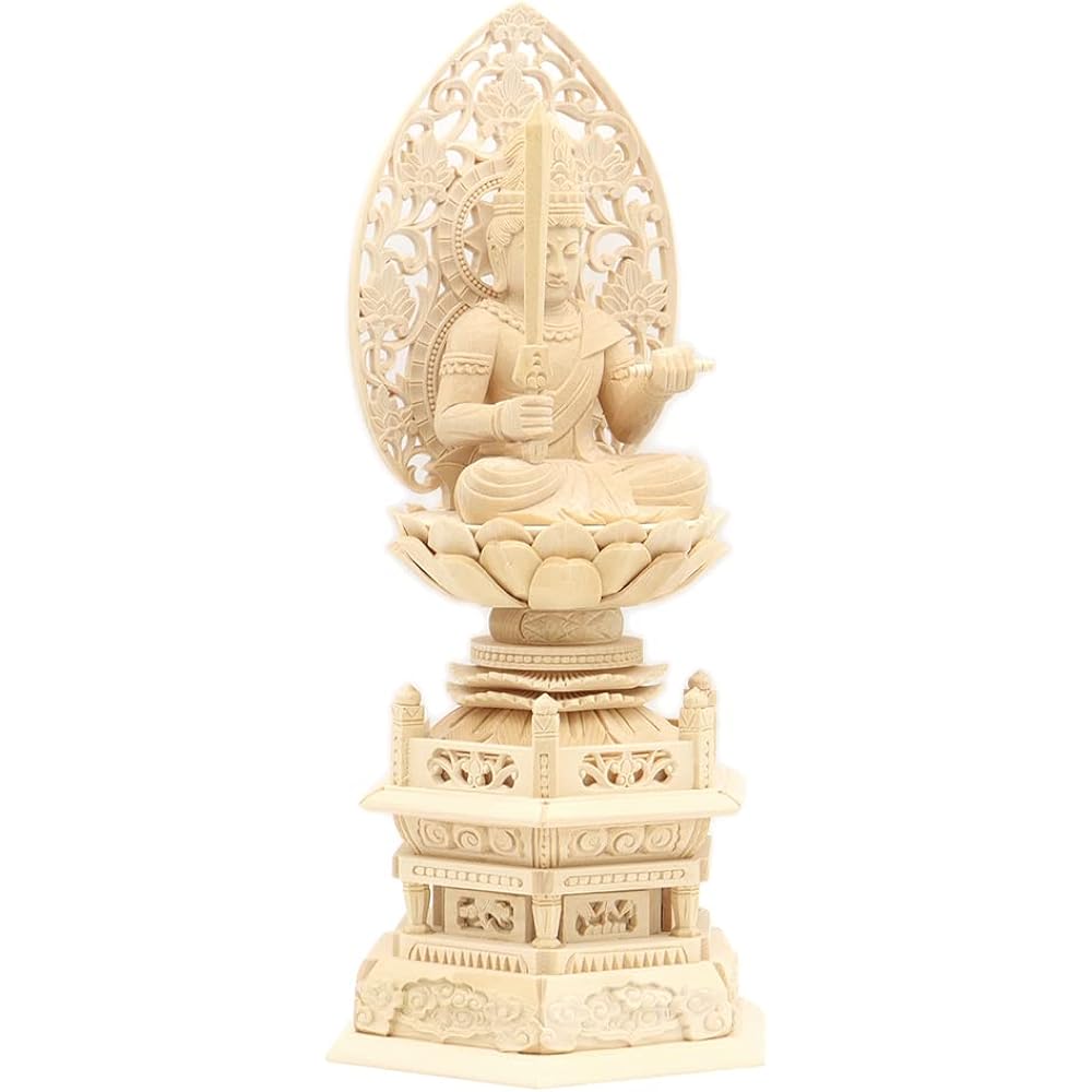 Kurita's special Buddha statue [Bodhisattva] Seated Manjusri Bodhisattva statue 2.5 dimensions (total height 29cm, width 13.5cm, depth 10cm) High quality wood carving made of cypress wood Grass light back hexagonal stand 8676