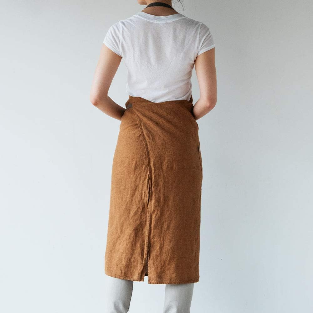 Linen full apron Manon <Brown ocher> A325 [Lino e Lina/Lino e Lina]