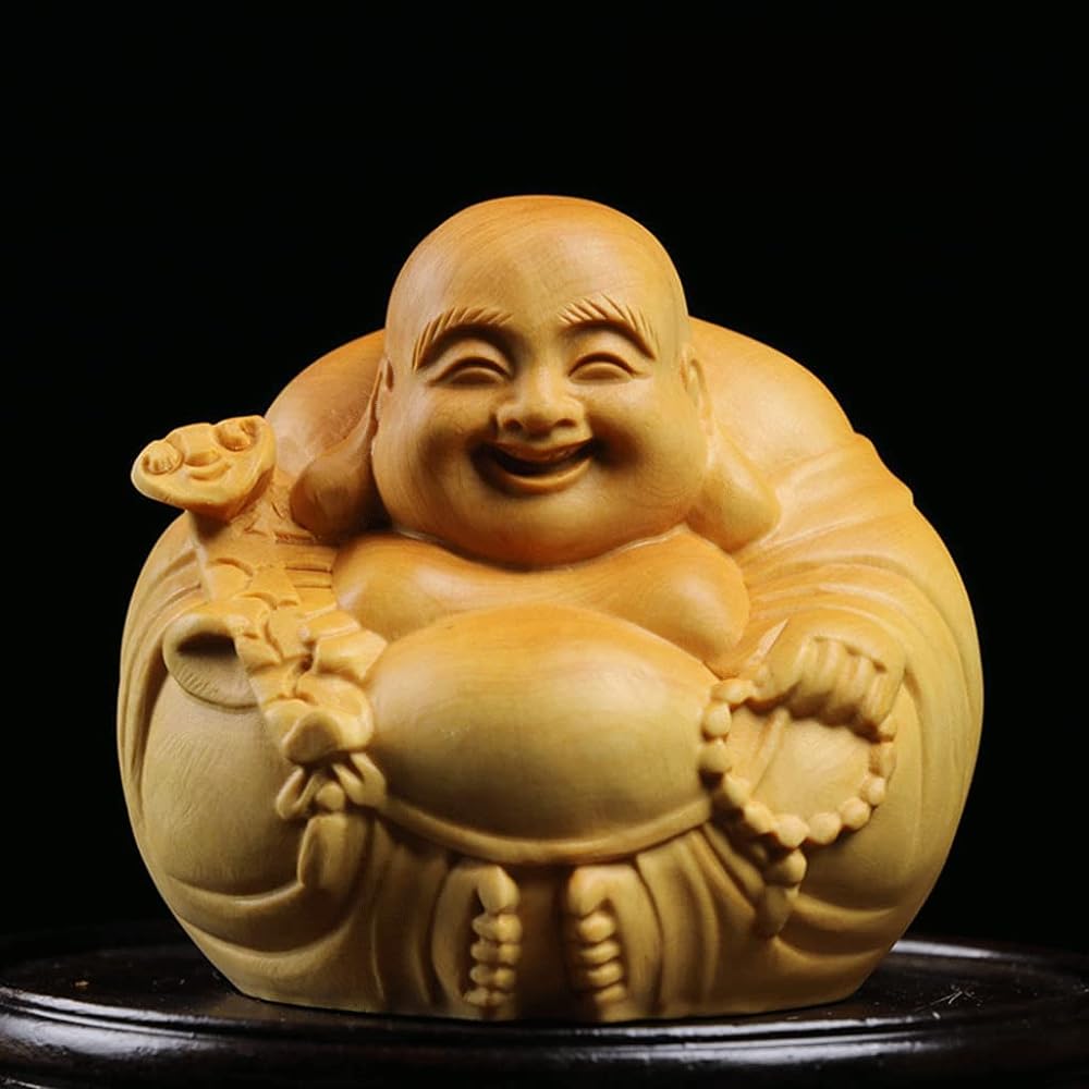 Buddha Statue Wood Carving Mini Seven Lucky Gods Hotei Ornament High Quality Boxwood Wood Carving Wooden Carving Money Luck Amulet (Width 7cm)