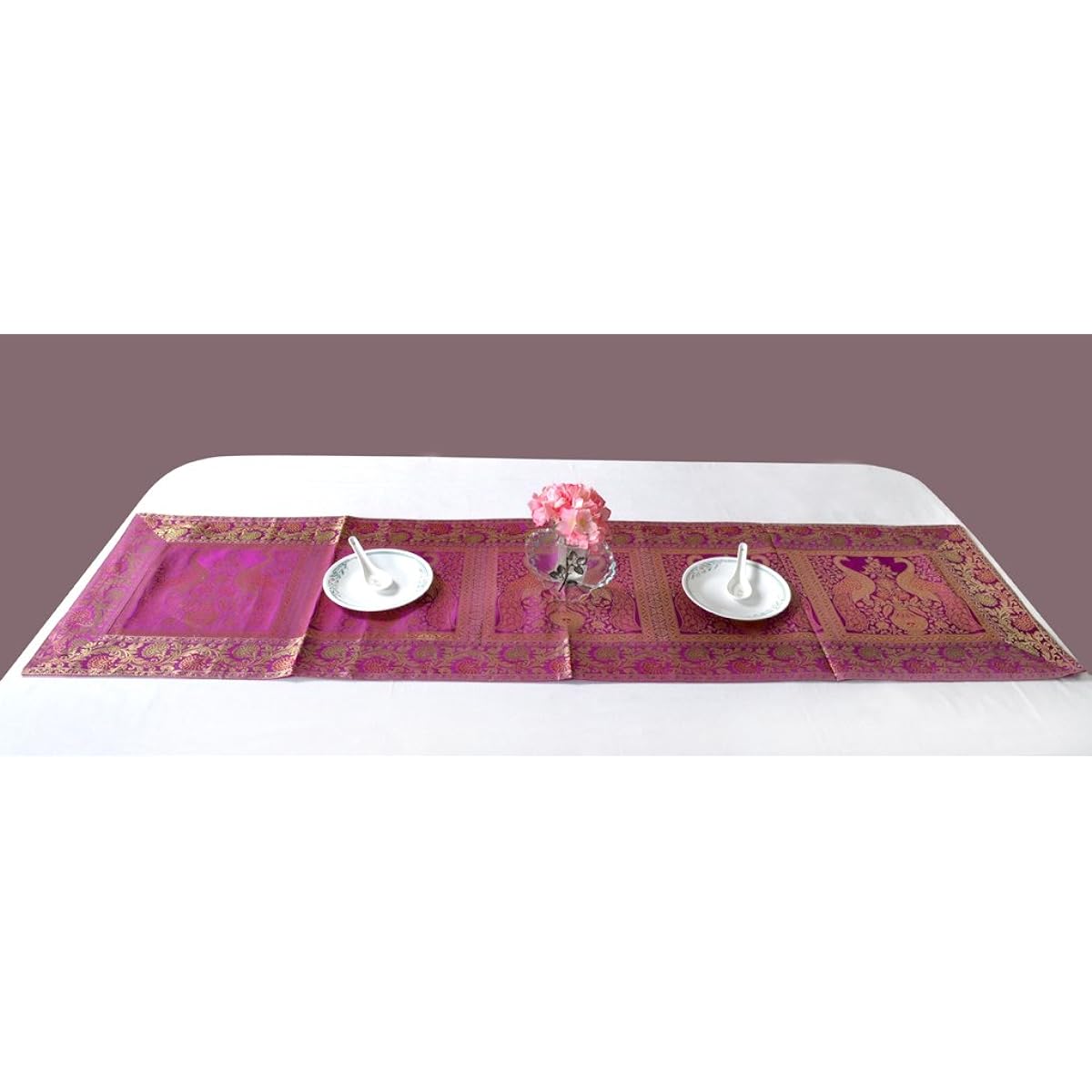 Lalhaveli Indian Hand Art Peacock Design Pink Silk Table Runner Table Cloth 152 x 41 Cm