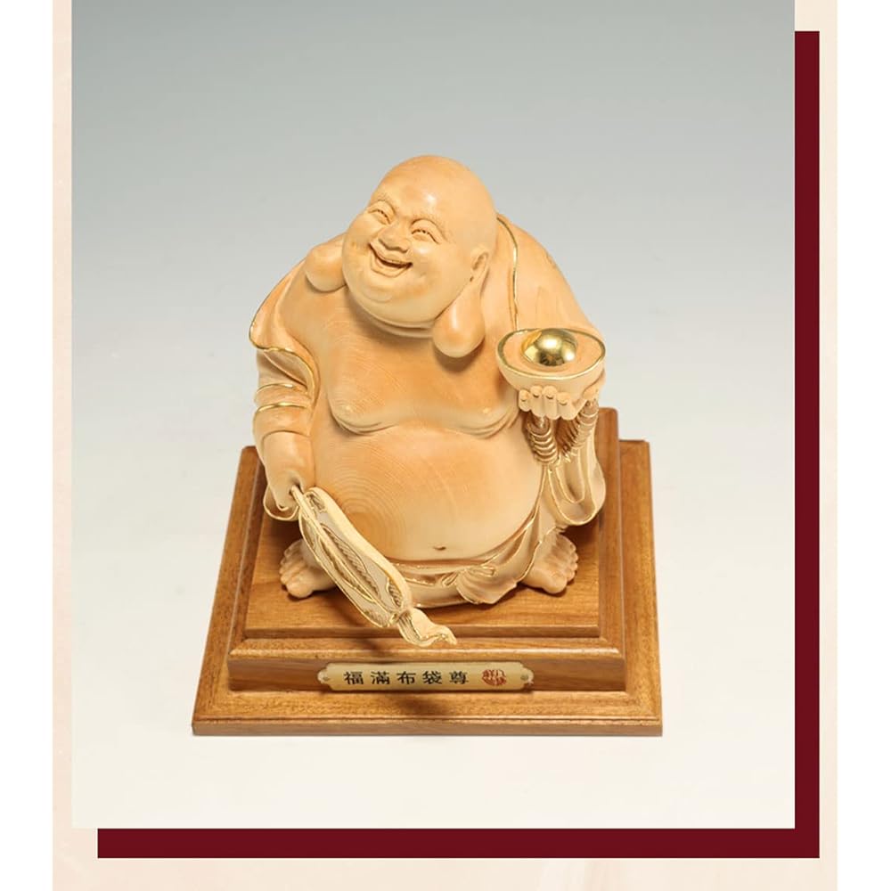 Buddha statue, wood carving, Hotei-sama figurine, high quality wood carving made of cypress wood (height 15cm x width 11cm) Money luck amulet