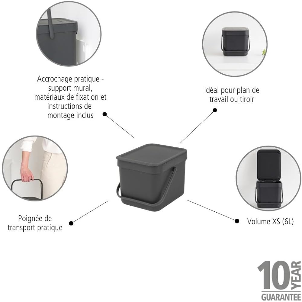 Brabantia Trash Can with Lid Manual 6L Lightweight Compact Width 20 x Depth 24.9 x Height 18.1cm Made in Belgium Sort & Go Waste Bin Gray 10972-0