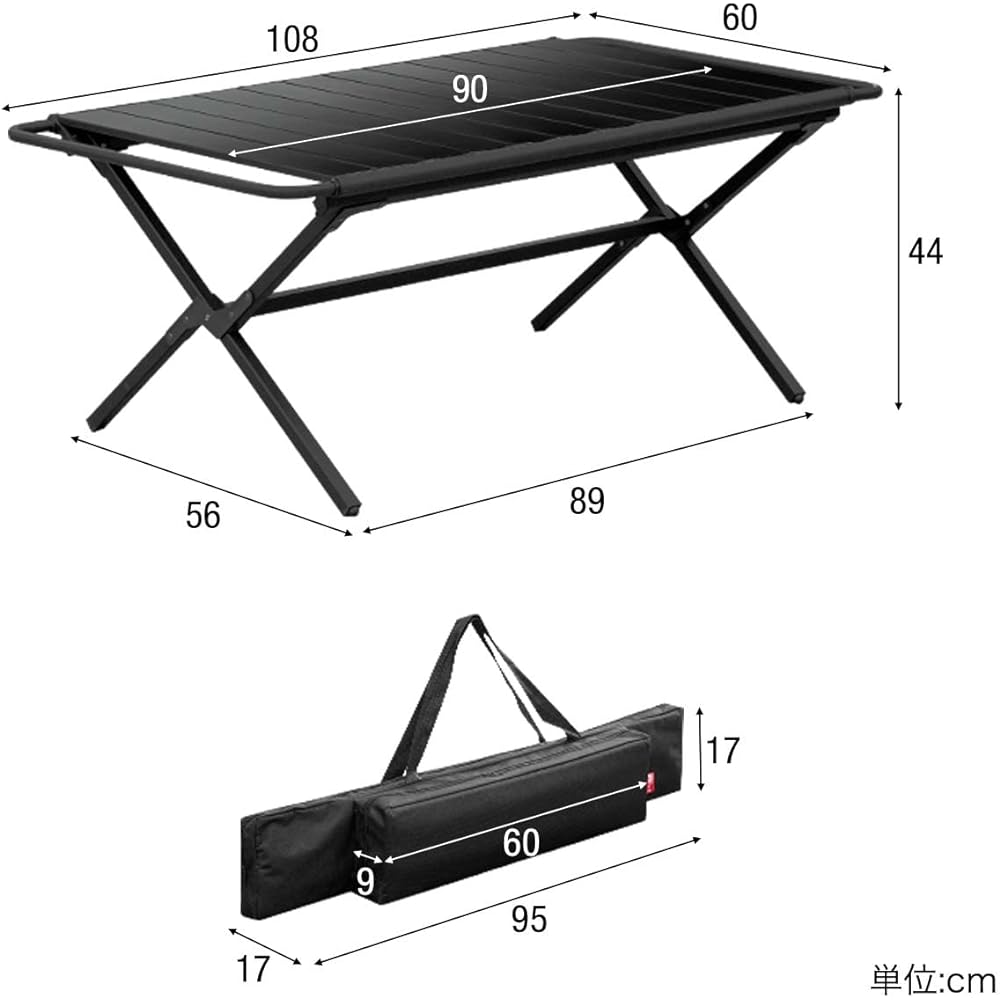 FIELDOOR Outdoor Table Aluminum Roll Table with Hanger [Black] Width 108 x Depth 60 x Height 44 cm Equipped with hangers on both sides Aluminum top plate divided into 3 parts Lightweight Approx. 5.4 kg Compact Folding storage Easy assembly Storage bag in