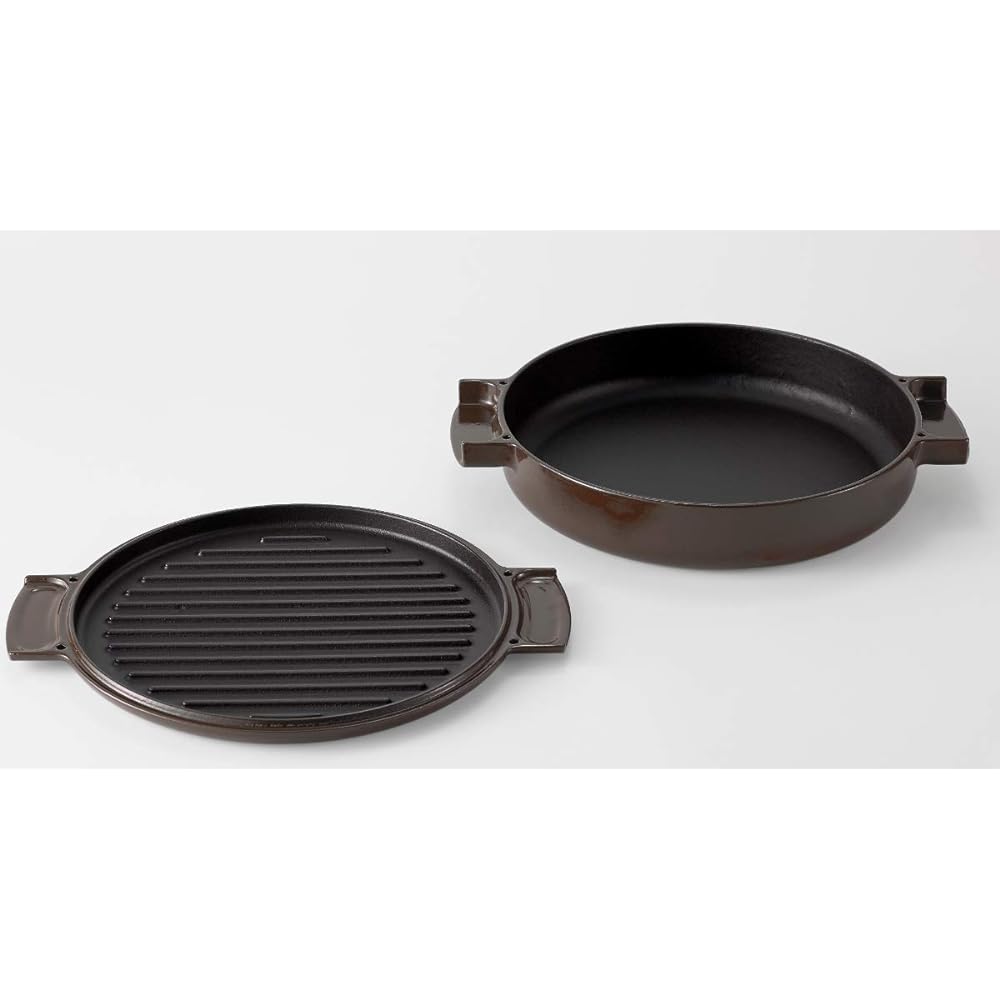 Ovject Camping Outdoor Made in Japan Double Handed Pot Enamel Cast Shallow 23cm 1.6L Dutch Oven Wood Stove Cooking Compatible with IH Brown O-THP-23BR