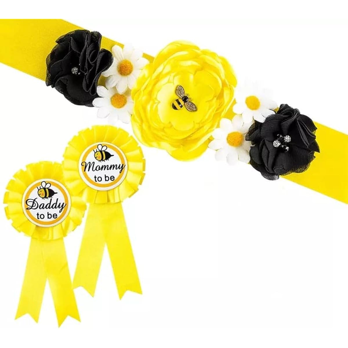 HAPPYLAND Baby Girl Shower Decoration Yellow Sash and Tin Badge Mommy to Bee Yellow Maternity Sash Mommy to Bee Baby Shower Belt