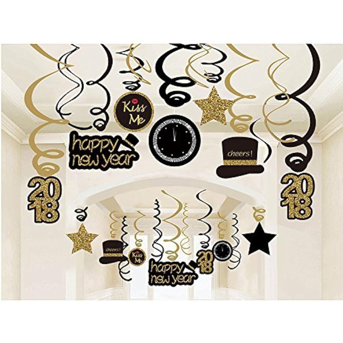 Fascola 2018 New Year Hanging Swirl Garlands with Celebration Cards Black & Gold (30pcs) Happy New Year Party Decorations New Year's Eve Party Favors Pre-Assembled