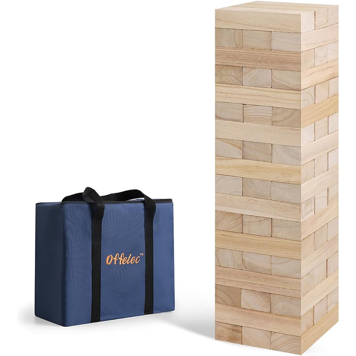 Offelec Large Tumble Tower Game, Giant Wooden Blocks Lawn Yard Game 1.8ft to 3.6ft Height with Carrying Case Outdoor Wood Stacking Game Night Toy for Kids Adults Family 6'x2'x1.2'x54 Pieces