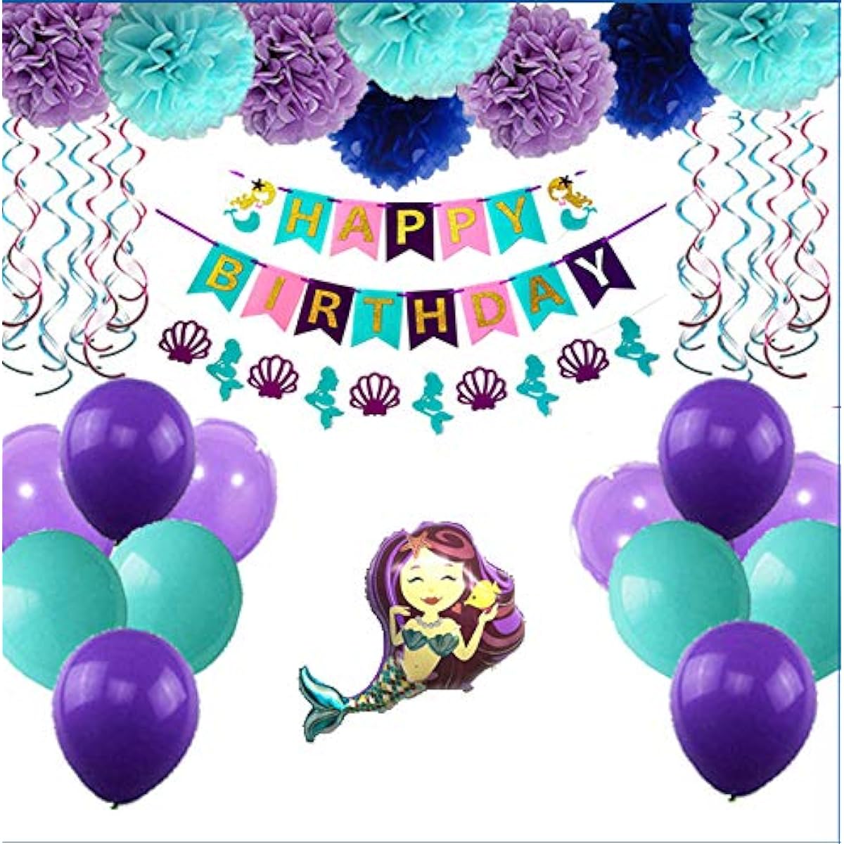Mermaid Party Supplies Birthday Decorations PRE-Strung, Happy Birthday Banners, Hanging Swirl,Pom Pom Flowers, Balloons for Girl's Birthday Party,Baby Shower Party Decorations