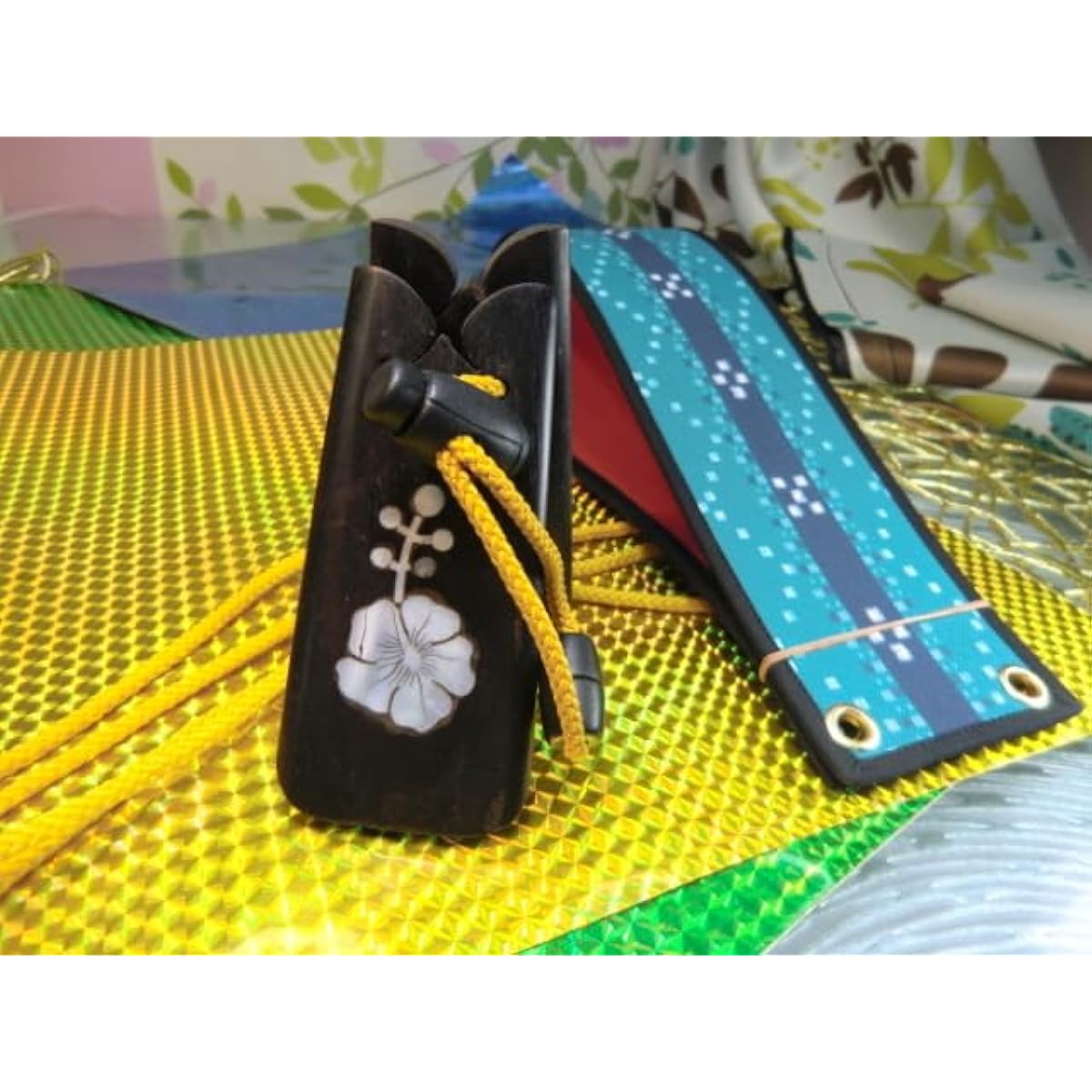 Okinawa Sanshin Exclusive Kasuri Body Wrap and Okinawa Sanban Hana Raden Samba Instrument Set