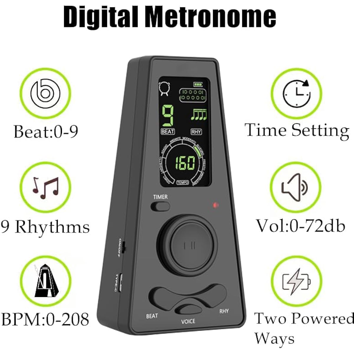 AUPHY Digital Metronome Piano Guitar Drum Violin woth Timer Vocal Headphone Jack Black