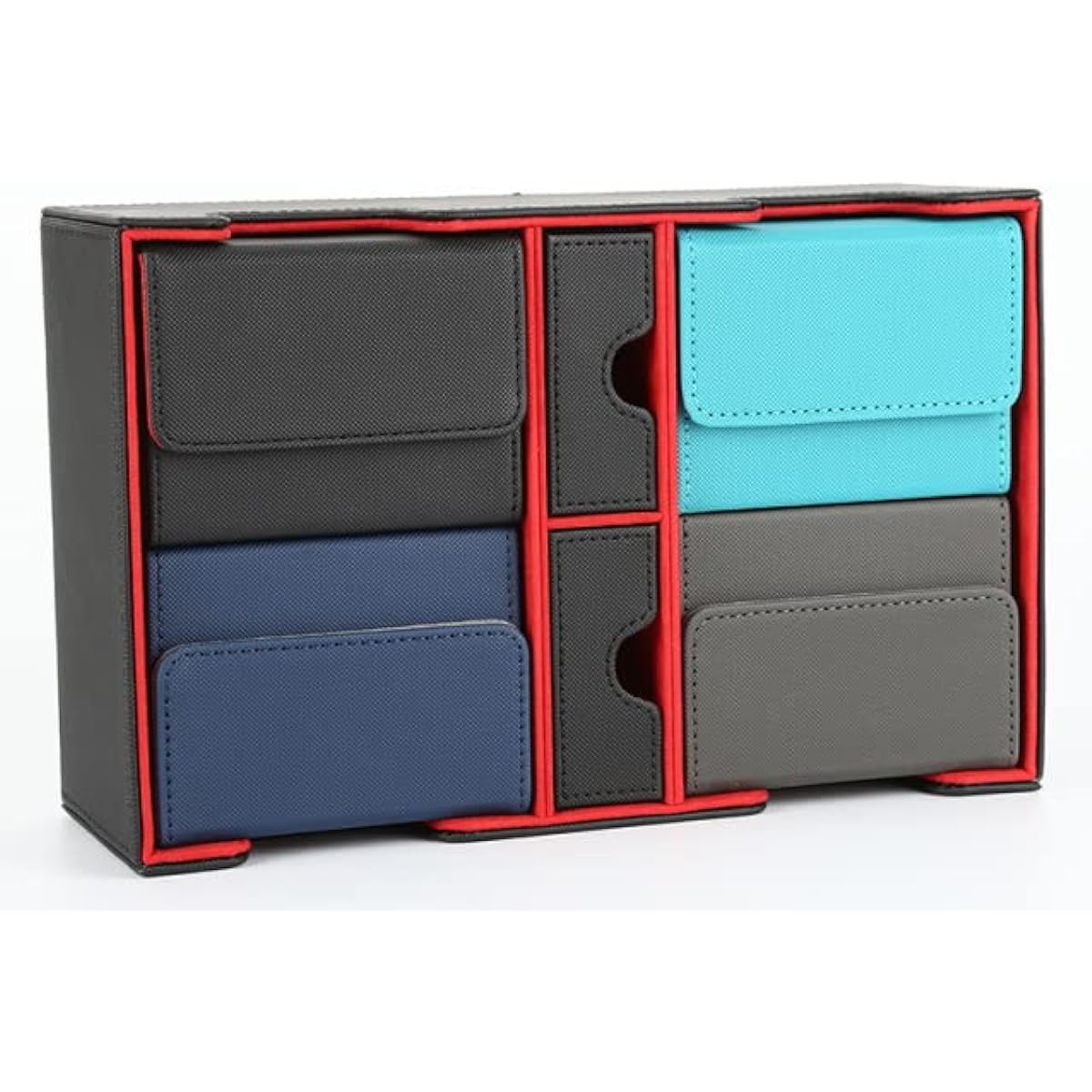 F-BOX Deck Case, Card Case, Trading Card Case, Horizontal Insertion, Removable PU Leather, "Yu-Gi-Oh!, Duel Masters, and Various Card Games," Sleeve Compatible (4 S-Size Cases + 2 Dice Cases Included) (Black (Red Interior))