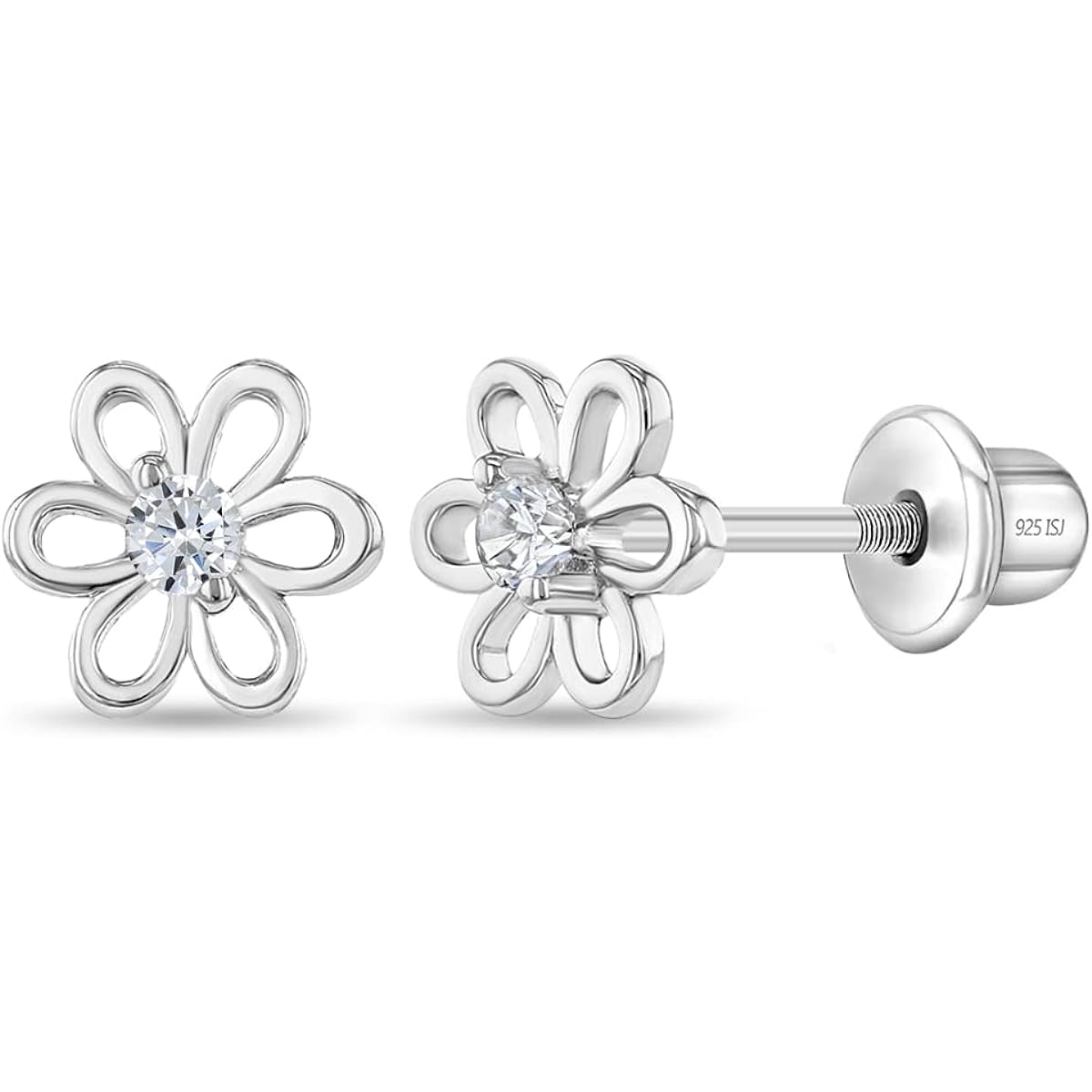 In Season Jewelry 925 Sterling Silver Pink CZ Little Flower Screw Back Earrings for Girls