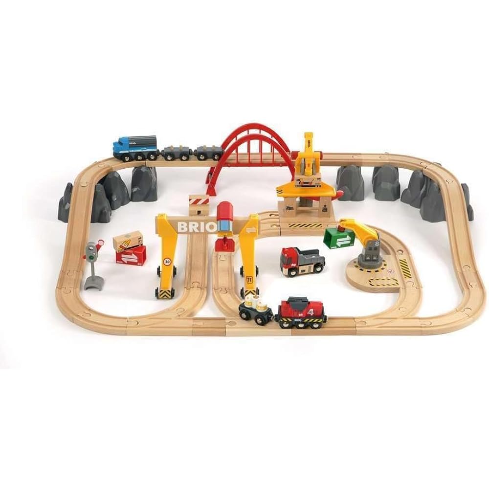 BRIO WORLD Cargo Rail Deluxe Set [Total 54 Pieces] Ages 3 and up (Electric Vehicle, Train, Toy, Wooden Rail) 33097