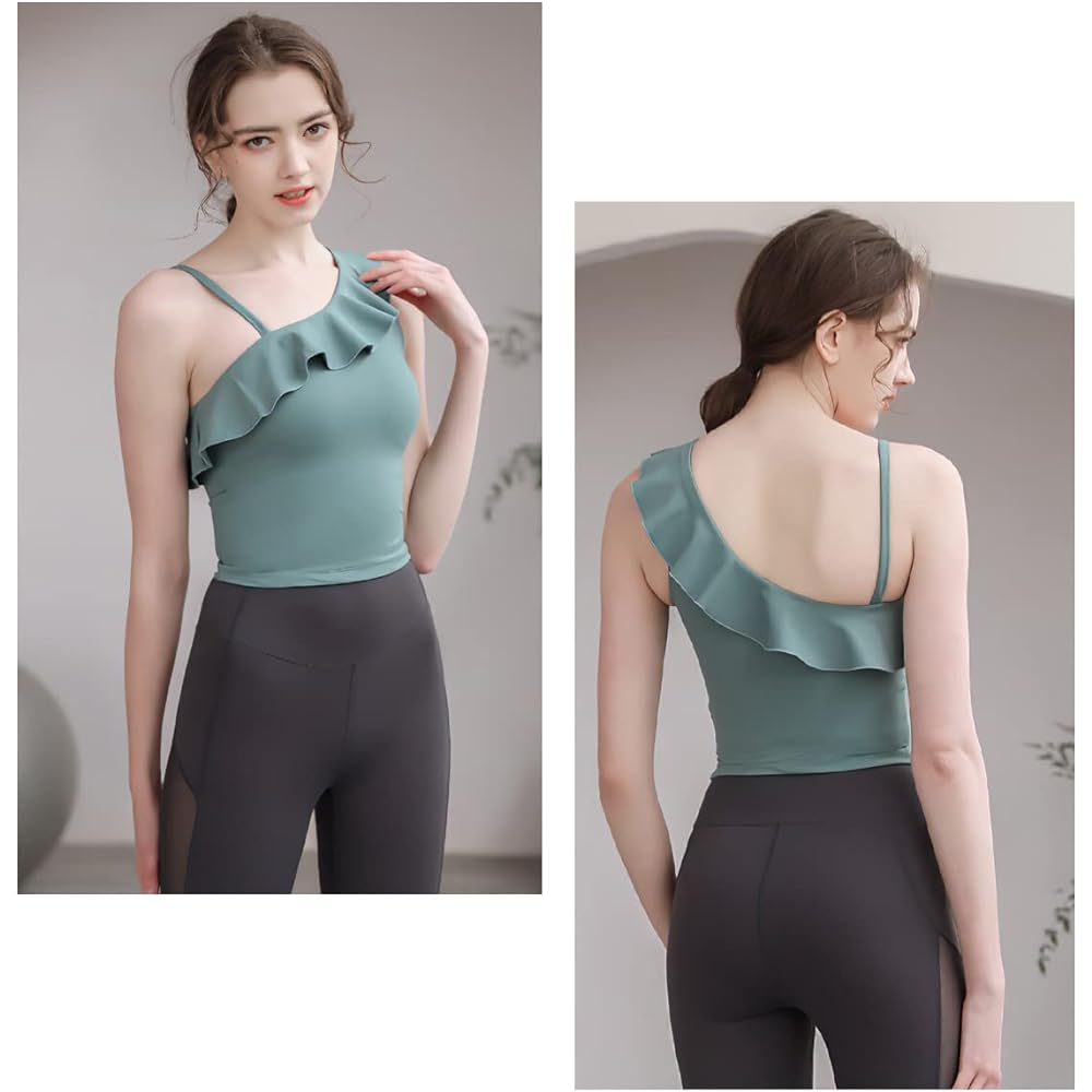 [VeroMan] Sportswear Women's Tank Top with Cups One Shoulder Ruffles Yoga Ballet ppi-ttb10