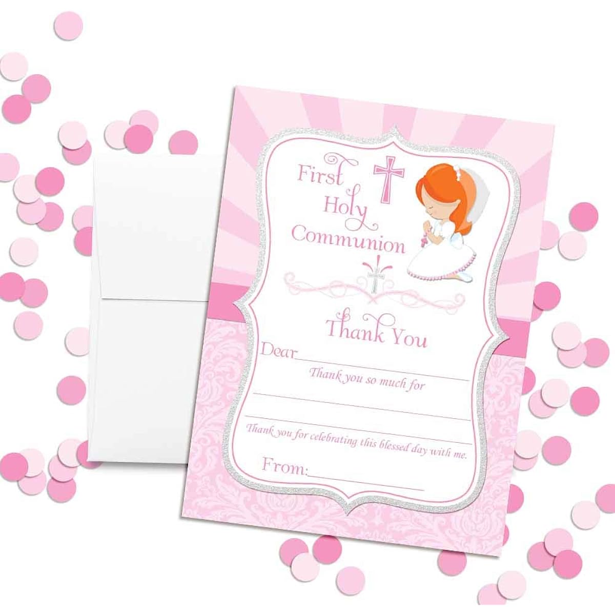 AmandaCreation First Communion Religious Thank You Cards for Girls (Light Skin, Red Hair) 10 4" x 5.5" Blank Cards with 10 White Envelopes
