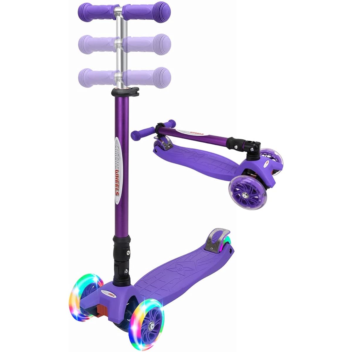 ChromeWheels Kids Scooter - Deluxe Kick Scooter, Foldable, Height Adjustable, 150 lbs Weight Limit, 3 Wheels, Tilt Handle, LED Light Up Wheels, Girls Boys, Ages 3 to 12