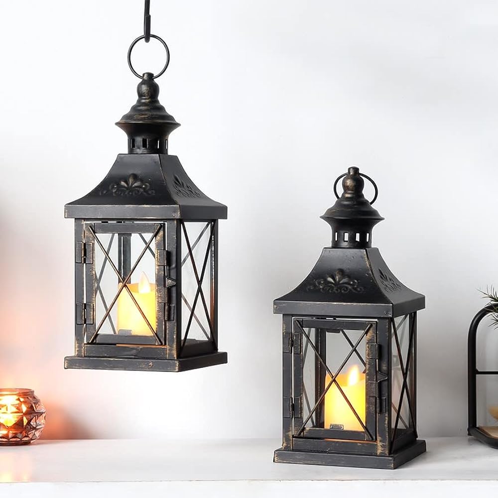 TRIROCKS Set of 2 Candle Holders Height 27cm Metal Candle Lantern Antique Lantern with Heat Resistant Glass Retro Style Stylish Indirect Lighting Gift for Weddings, Birthdays, Moving, Christmas, etc. Interior Design for Rooms, Bars, Offices, Indoors, Out