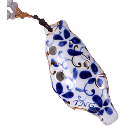 6 Hole Ocarina 6 Hole Mini Super Treble F Key Blue and White Gold Painted Necklace Small Ocarina Ocarina Musical Instrument