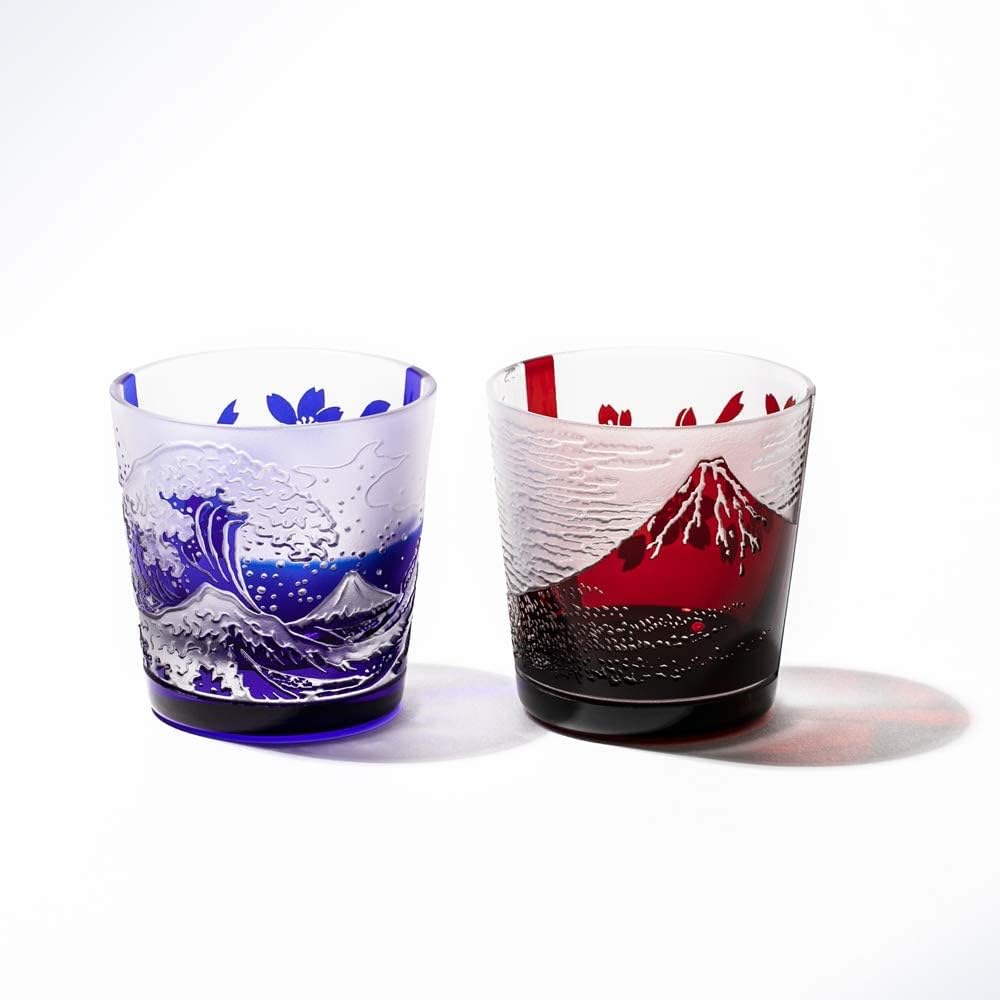 [Taimuro Kobo Official] Edo Glass Red Fuji/Nami Fuji and Cherry Blossom Free Cup Pair (Red/Ruri) TB022-204R_206B Presentation Box Made in Japan