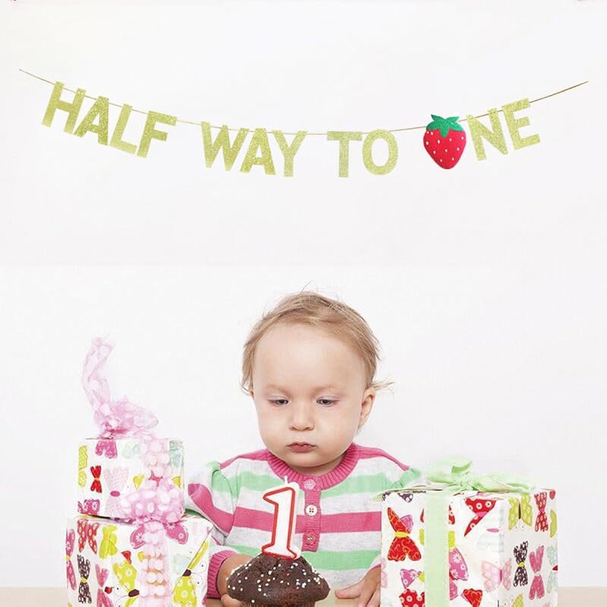 JENSENLIN Half Way Two One Banner for Baby's 6 Month Birthday Party Decorations Strawberry Theme Baby Shower Birthday Party Favors (Gold)