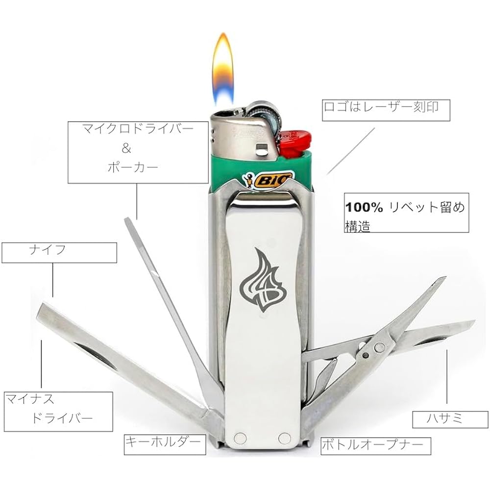 LighterBro Stainless Steel Lighter Sleeve Multi Tool Lighter Case BIC Lighter Lighter Holder Outdoor Tools with Japanese Instructions (BlueSteel)