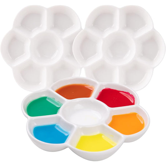 MEEDEN 7-Well Studio Porcelain Paint Palette Trays, Set of 3 with Color Box, Artist Mixed Color Trays for Watercolor and Gouache Painting, Round, White