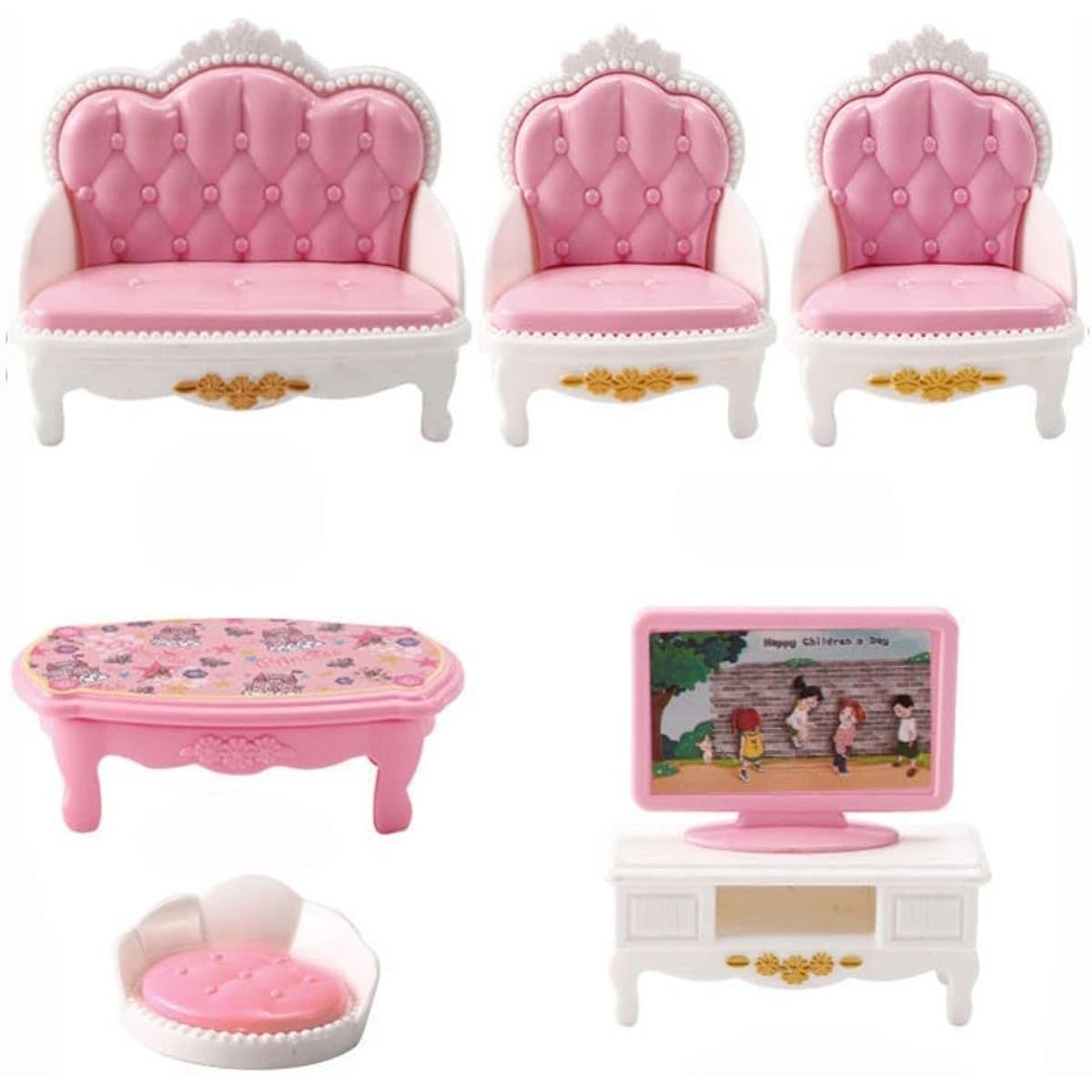 5 Pieces 1:12 Miniature Dollhouse Furniture Decoration Pink Living Room Scene Model Miniature Bed Sofa Simulation Dress Up Decoration (Living Room)