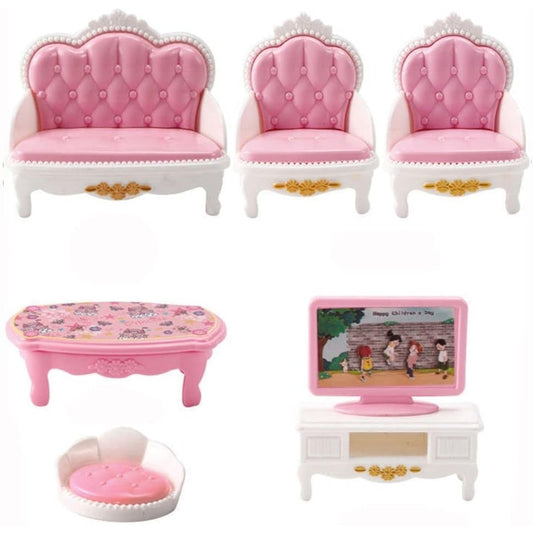 5 Pieces 1:12 Miniature Dollhouse Furniture Decoration Pink Living Room Scene Model Miniature Bed Sofa Simulation Dress Up Decoration (Living Room)