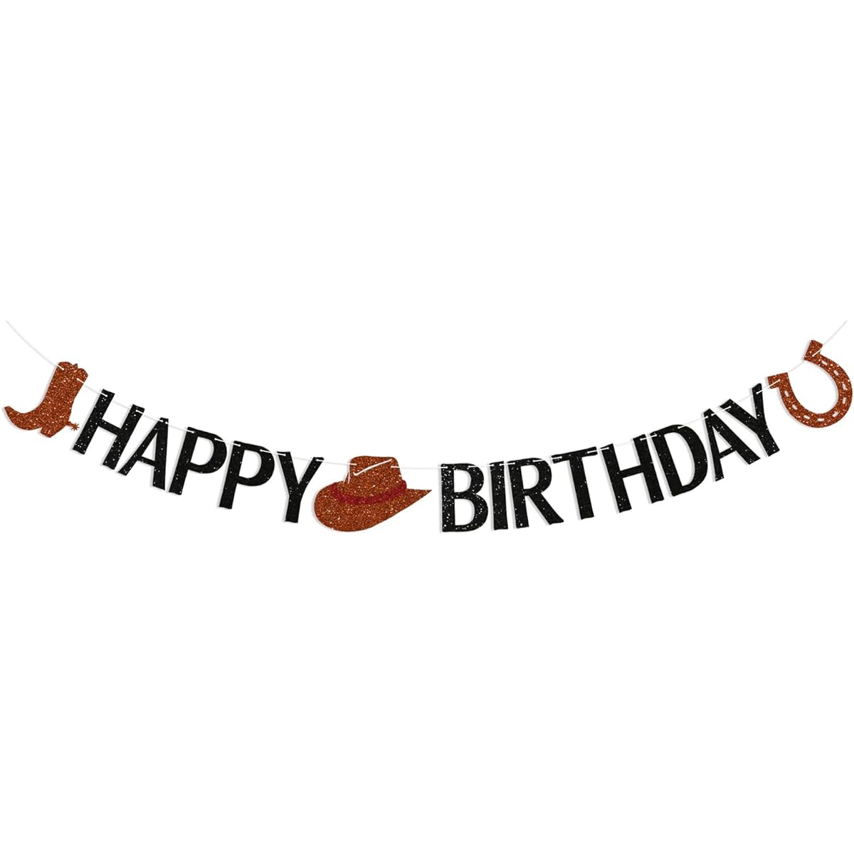 Cowboy Happy Birthday Banner Black Glitter Western Theme Party Sign Cowboy Cowgirl Birthday Hang Bunting Horse Racing Party Decorations Rodeo Theme Birthday Decorations