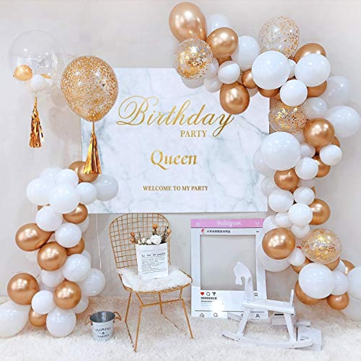 16ft Pearl White & Gold Confetti Balloons Arch & Garland Kit, 94pcs White and Gold Latex Balloons Garland Wedding Balloons Balloons Baby Shower DIY Decorations