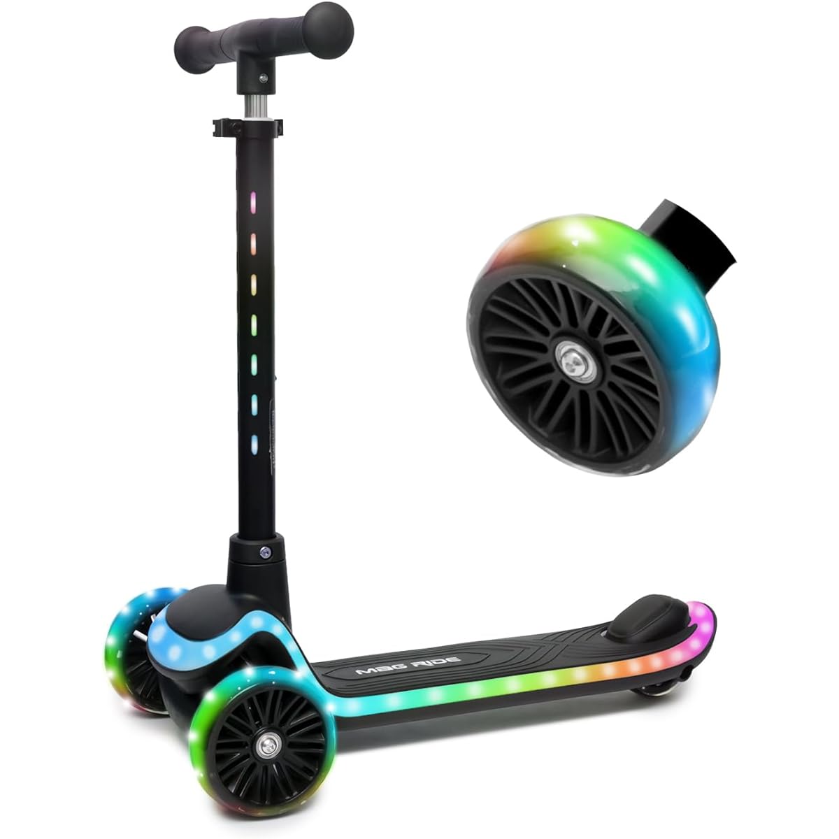 Flash Magrider 3 LED Kick Scooter, 3 Wheels, Kickboard, Tricycle, 3 Levels, Height Adjustment, Illuminated LED Tires, Lightweight, Easy to Carry, Load Capacity 50kg, Birthday Gift, Toy (Black)