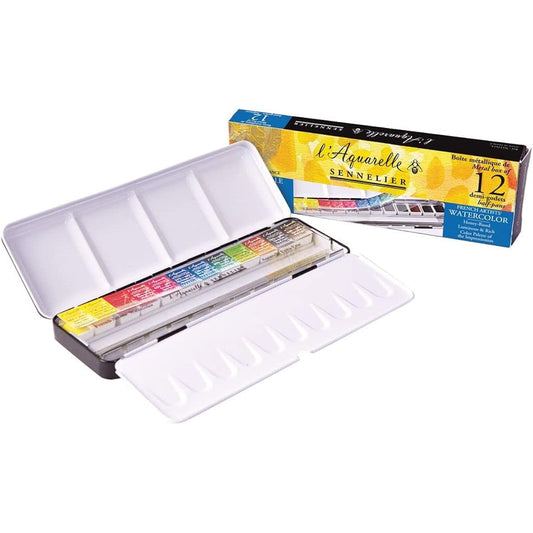 Sennelier – L'Aquarelle Watercolor Paint Set (18 Half Pans) with Sturdy Metal Palette Box | Enhanced Honey Content Pigments for Artist Quality Paints.