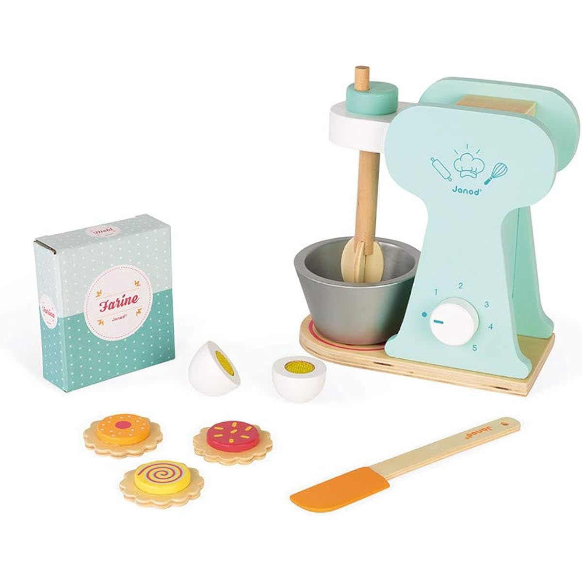 Janod Wooden Little Mixer Set, Kitchen Make Believe Toy, Includes 6 Accessories, For Ages 8+ J06605 White