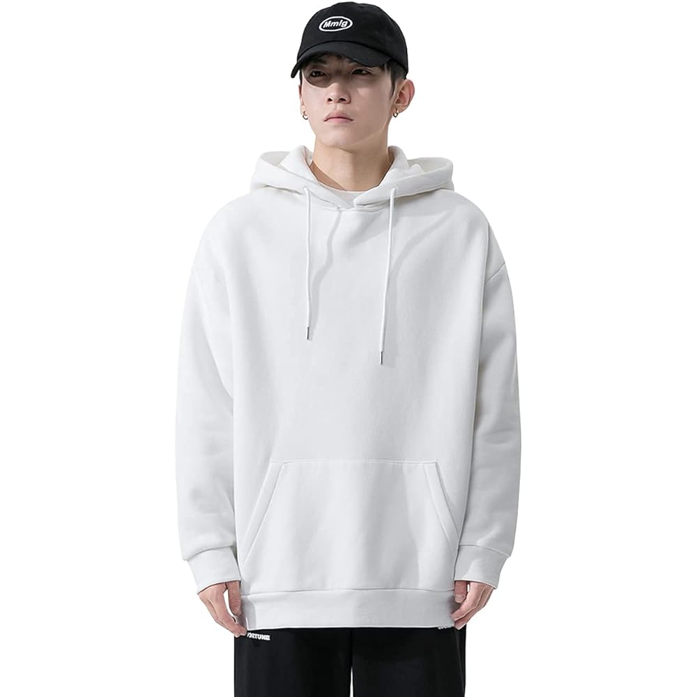 [EASTEMPO] Men's Hoodie, Long Sleeve, Autumn, Sweatshirt, Loose, Pullover Hoodie, Stylish, Plain, For Commuting to Work or School, Large Size (White, XL)