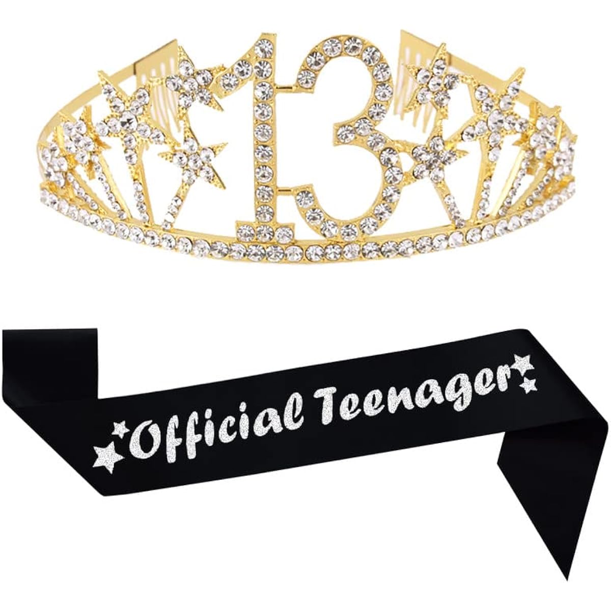 Happy 13th Birthday Tiara and Sash Gift Crystal Rhinestone Princess Crown Birthday Girl Party Favors