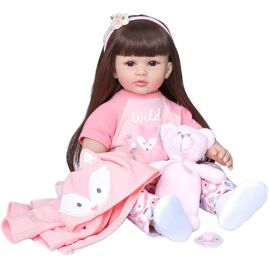 60cm Realistic Soft Silicone Reborn Toddler Girl Doll Lifelike Newborn Baby Doll Girl Gift Reborn Doll Baby Toy,Brown Hair