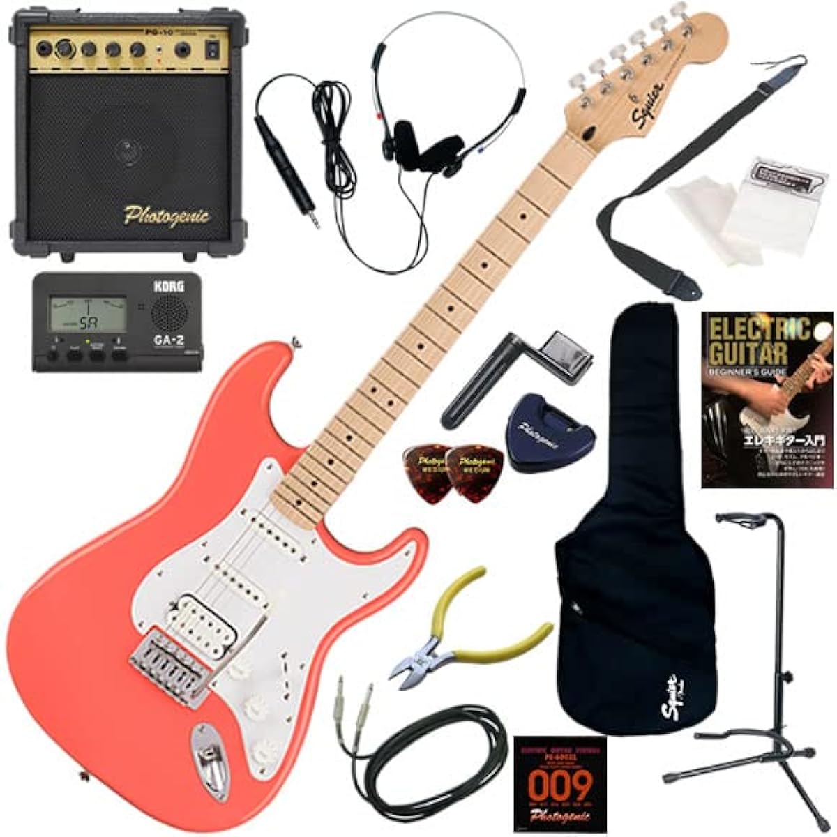 Squier Electric Guitar Beginner's Standard 15-Piece Set with 10W Amp Sonic Stratocaster HSS/TCO (Tahitian Coral)
