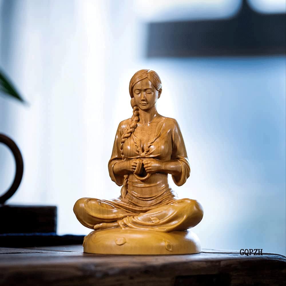 Wood carving ornament, meditative sitting beautiful girl statue, high-quality natural boxwood wood carving female statue, wooden sculpture, ornament, interior object, art object, yellow yang, tsuge, wooden statue, wooden figure collection, strongest good