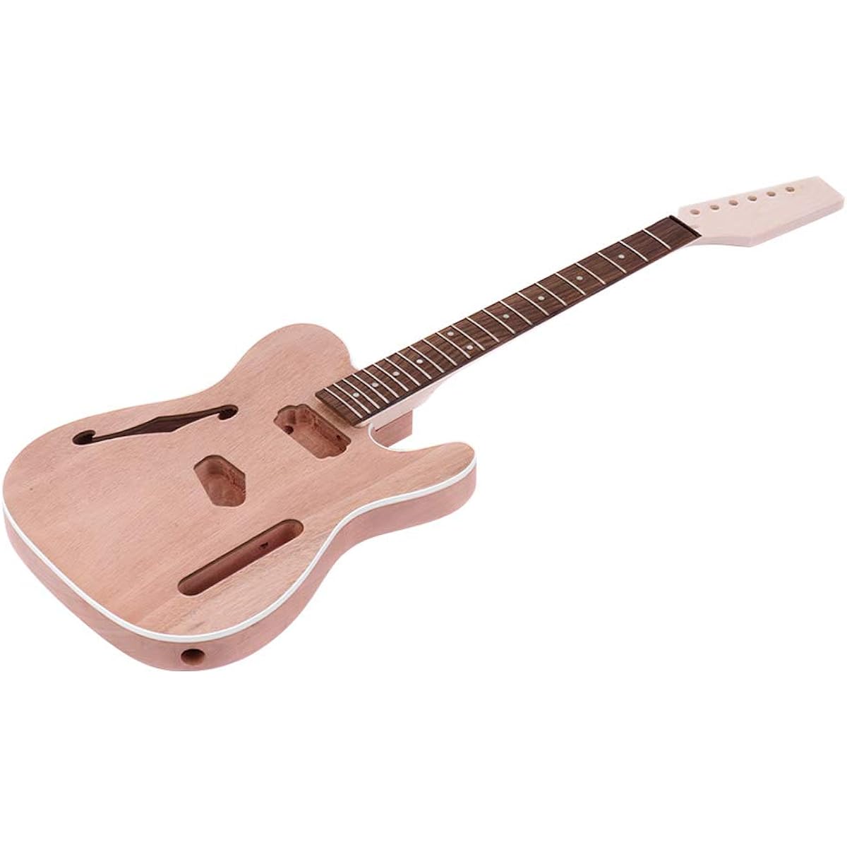 Bulaned Tele Style Unfinished Electric Guitar DIY Kit Mahogany Body, F Sound Hole Maple Wood Neck Rosewood Fingerboard