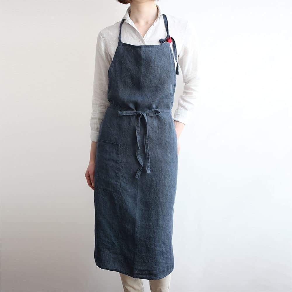 [Lino e Lina] Lino Elina Apron Full Apron Manon A641 Denim Blue Women's Men's Kitchen Plain Linen Hemp Simple Long Length Gift Present