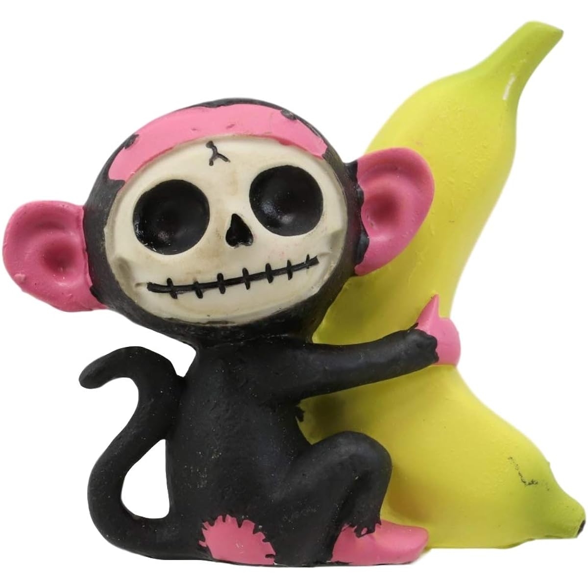Ebros Tiny Furry Bones Black and Pink Baby Monkey Kiki with Giant Yellow Banana Figurine 3" Tall Collectible Furry Bones Mankey Chimp Skeleton Monster Miniature Sculpture