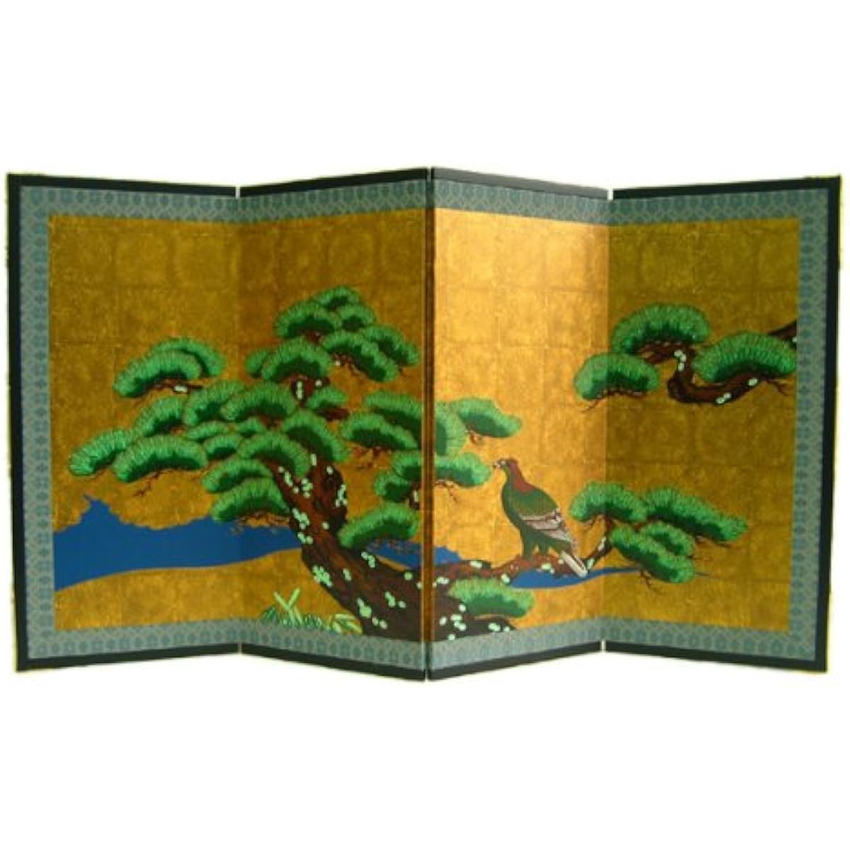 Miniature folding screen: Famous paintings on a wall - Pine trees and a hawk / Height 34cm