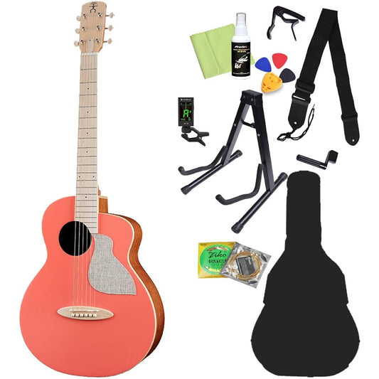 aNueNue aNN-MC10 Acoustic Guitar Beginner 12-Piece Set LC (Living Coral) Compact Size Mini Guitar Solid Top Pantone Color Series Pastel Colors aNueNue