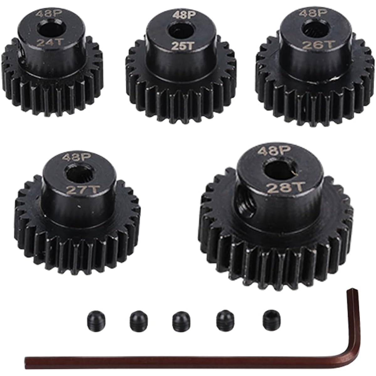 JIECHUN Metal Steel 48P Pinion Gear 24T 25T 26T 27T 28T 3.175mm Shaft Motor Gear Set with Hex Key for 1/10 RC Brushless Brush Motor RC Upgrade Parts