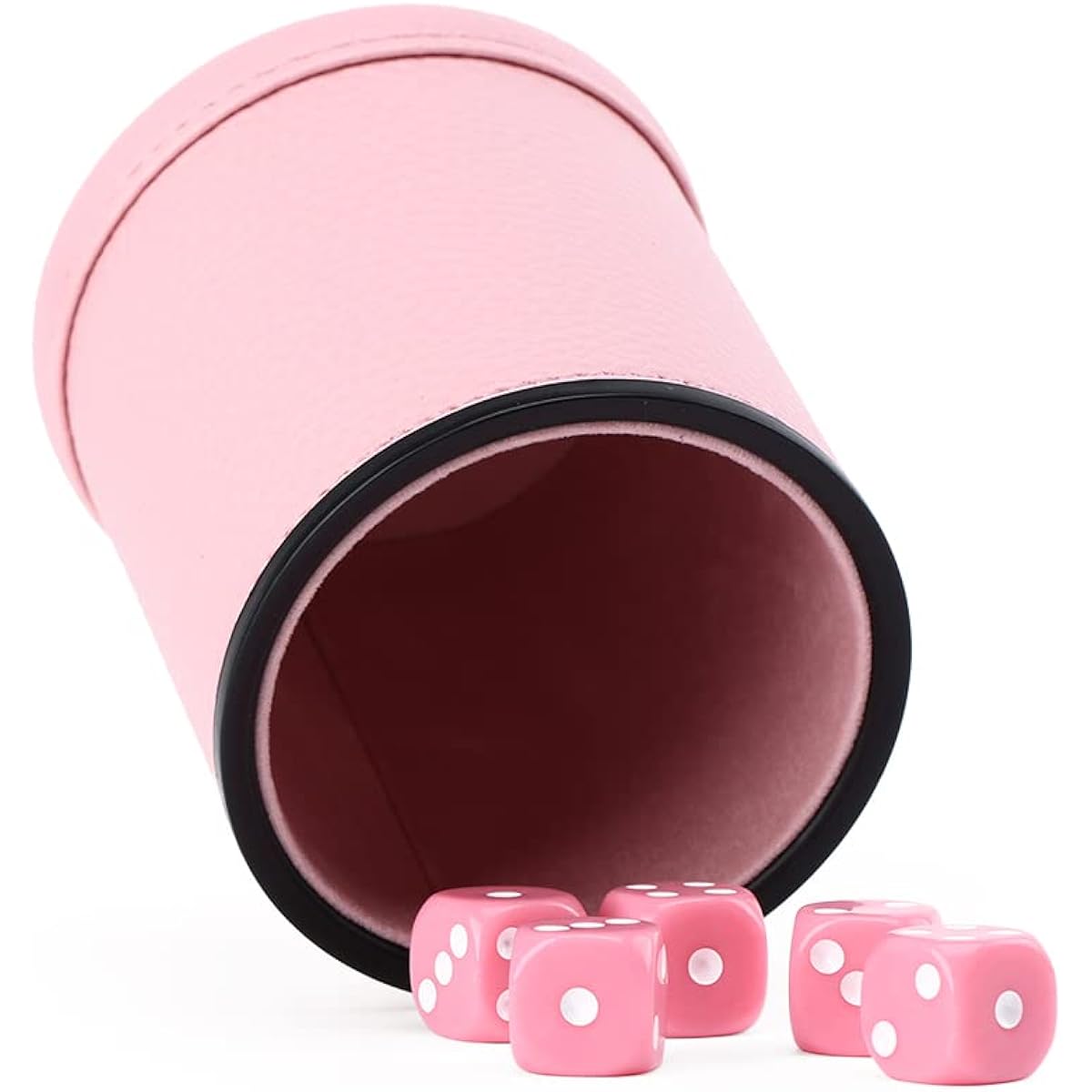 Pink Party Leather Dice Cup with 5 Matching Pink Dice - Pink Velvet Interior for Quiet Swings - Cheetah Dice for Fakir Yahtzee Board Game